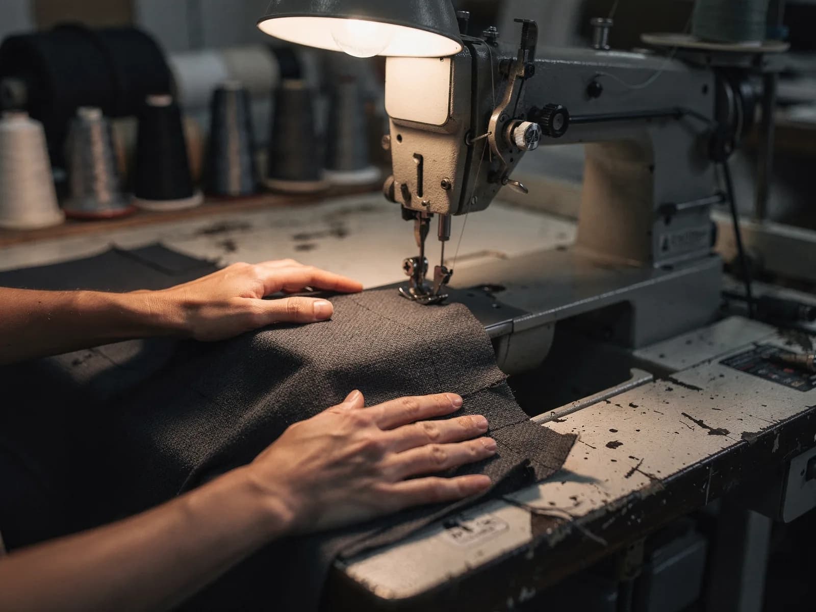 Sanayi tipi dikiş makinesinde teknik kumaş diken usta eller