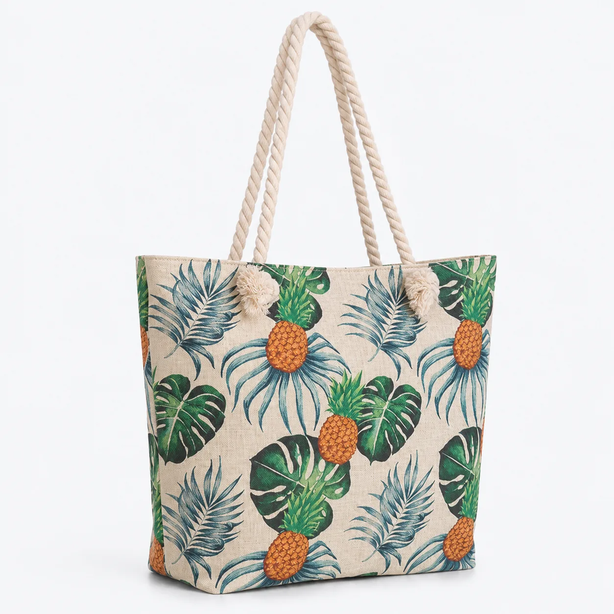 Ananas Desenli Bez Plaj Çantası, ön-sol görünüm